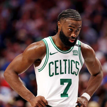 Jun 12, 2024; Dallas, Texas, USA; Boston Celtics guard Jaylen Brown (7) reacts during the fourth quarter during game three of the 2024 NBA Finals against the Dallas Mavericks at American Airlines Center. Mandatory Credit: Kevin Jairaj-USA TODAY Sports
