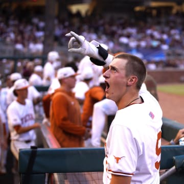 June 1, 2024; College Station, TX, USA; Texas Longhorns infielder Jared Thomas (9) celebrates a home run against the Texas A&M Aggies during the second round in the NCAA baseball College Station Regional at Olsen Field College Station. Mandatory Credit: Dustin Safranek-USA TODAY Sports