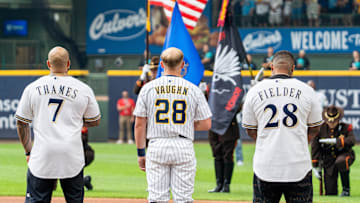 (Left to right) Former Brewers player Eric Thames (7), current player Andrew Vaughn (28) and former player Prince Fielder (28) stand for the National Anthem during the Milwaukee Brewers game against the Miami Marlins on Friday July 25, 2025 at American Family Field in Milwaukee, WI.