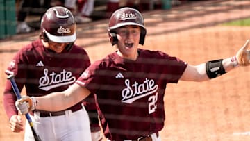Mar 14, 2025; Tuscaloosa AL, USA; Alabama opened the SEC season on the wrong end of a 9-1 score against Mississippi State at Rhoads Stadium. Mississippi State hitter Jessie Blaine comes to the dugout after hitting a home run.