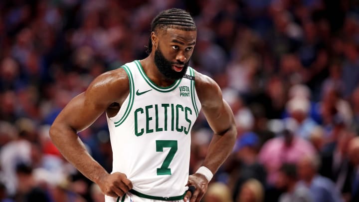 Jun 12, 2024; Dallas, Texas, USA; Boston Celtics guard Jaylen Brown (7) reacts during the fourth quarter during game three of the 2024 NBA Finals against the Dallas Mavericks at American Airlines Center. Mandatory Credit: Kevin Jairaj-USA TODAY Sports