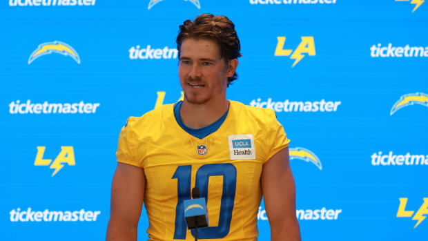 Los Angeles Chargers quarterback Justin Herbert (10) speaks to the media after the first day of training camp at The Bolt.