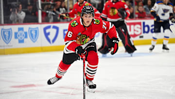 Sep 28, 2023; Chicago, Illinois, USA;  Chicago Blackhawks forward Nick Lardis (76) skates against the St. Louis Blues at United Center. Mandatory Credit: Jamie Sabau-Imagn Images