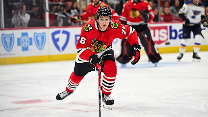 Sep 28, 2023; Chicago, Illinois, USA;  Chicago Blackhawks forward Nick Lardis (76) skates against the St. Louis Blues at United Center. Mandatory Credit: Jamie Sabau-Imagn Images