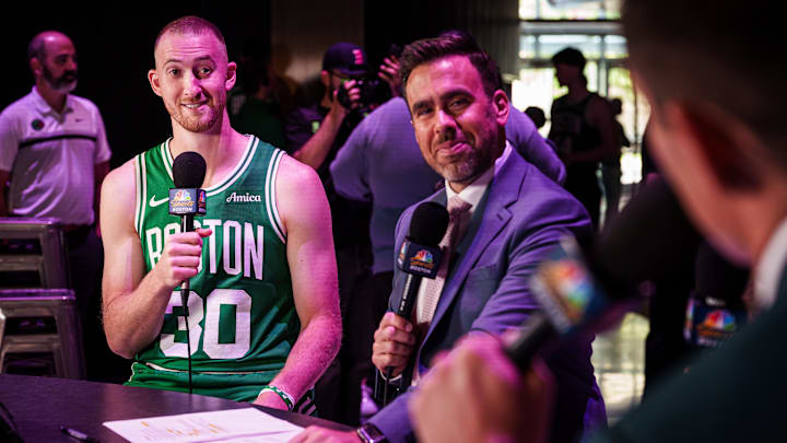 Sep 29, 2025; Boston, MA, USA: Boston Celtics forward Sam Hauser (30) talks with on air personalities during media day at the Auerbach Center. Mandatory Credit: David Butler II-Imagn Images
