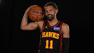 Sep 29, 2025; Atlanta, GA, USA;  Mandatory Credit: Atlanta Hawks guard Trae Young (11) poses for a photo during Media Day. Dale Zanine-Imagn Images