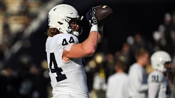Nov 16, 2024; West Lafayette, Indiana, USA; Penn State Nittany Lions tight end Tyler Warren (44) catches a pass during warm ups before the game against the Purdue Boilermakers at Ross-Ade Stadium. Mandatory Credit: Marc Lebryk-Imagn Images