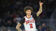 Dec 8, 2021; Cleveland, Ohio, USA; Chicago Bulls guard Lonzo Ball (2) reacts in the third quarter against the Cleveland Cavaliers  at Rocket Mortgage FieldHouse. 