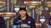 Apr 6, 2025; Tampa, FL, USA; Connecticut Huskies guard Azzi Fudd (35) speaks to the media after the national championship of the women's 2025 NCAA tournament against the South Carolina Gamecocks at Amalie Arena. Mandatory Credit: Kirby Lee-Imagn Images