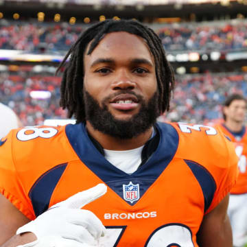 Oct 22, 2023; Denver, Colorado, USA; Denver Broncos running back Jaleel McLaughlin (38) following the win over the Green Bay Packers at Empower Field at Mile High. Mandatory Credit: Ron Chenoy-USA TODAY Sports
