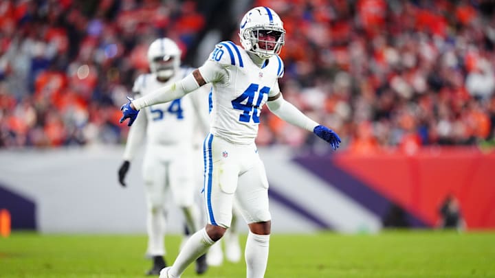 Dec 15, 2024; Denver, Colorado, USA; Indianapolis Colts cornerback Jaylon Jones (40) reacts in the second half against the Denver Broncos at Empower Field at Mile High. Mandatory Credit: Ron Chenoy-Imagn Images Dec 15, 2024; Denver, Colorado, USA; Indianapolis Colts cornerback Jaylon Jones (40) reacts in the second half against the Denver Broncos at Empower Field at Mile High. Mandatory Credit: Ron Chenoy-Imagn Images
