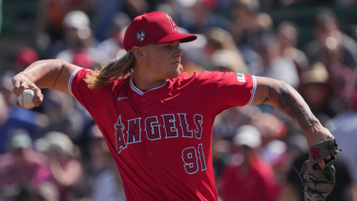 Mar 3, 2024; Tempe, Arizona, USA; Los Angeles Angels pitcher Caden Dana (91) pitches against the Chicago White Sox during the first inning at Tempe Diablo Stadium. Mandatory Credit: Joe Camporeale-USA TODAY Sports