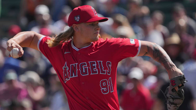 Los Angeles Angels pitcher Caden Dana (91) pitches