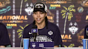 Connecticut Huskies guard Azzi Fudd (35) speaks to the media after the national championship of the women's 2025 NCAA tournament against the South Carolina Gamecocks.