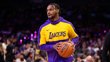 Oct 28, 2024; Phoenix, Arizona, USA; Los Angeles Lakers guard Bronny James against the Phoenix Suns at Footprint Center. Mandatory Credit: Mark J. Rebilas-Imagn Images