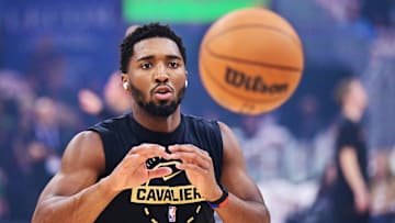 Oct 26, 2025; Cleveland, Ohio, USA; Cleveland Cavaliers guard Donovan Mitchell (45) warms up before the game between the Cavaliers and the Milwaukee Bucks at Rocket Arena. Mandatory Credit: Ken Blaze-Imagn Images