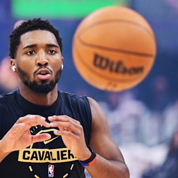 Oct 26, 2025; Cleveland, Ohio, USA; Cleveland Cavaliers guard Donovan Mitchell (45) warms up before the game between the Cavaliers and the Milwaukee Bucks at Rocket Arena. Mandatory Credit: Ken Blaze-Imagn Images