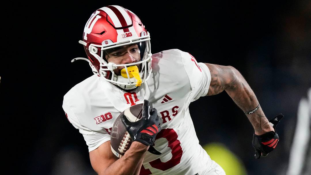 Indiana Hoosiers wide receiver Elijah Sarratt (13) rushes up the field Friday, Nov. 28, 2025, during the 100th annual Old Oaken Bucket game at Ross-Ade Stadium in West Lafayette. Indiana Hoosiers defeated the Purdue Boilermakers, 56-3.