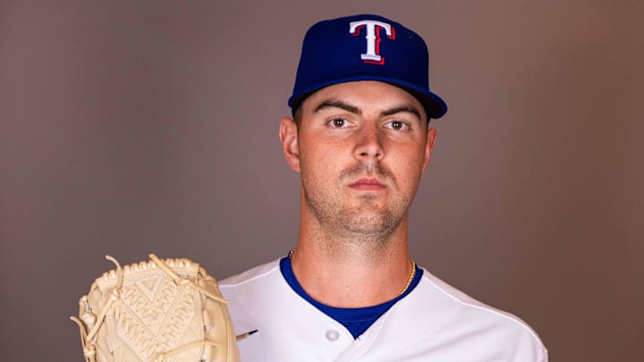 Feb 17, 2026; Surprise, AZ, USA; Texas Rangers pitcher MacKenzie Gore during media day at Surprise Sports Complex. Mandatory Credit: Arianna Grainey-Imagn Images