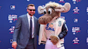 Cal Raleigh and the Mariner Moose on the red carpet ahead of the 2025 MLB All-Star game.
