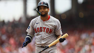 Jun 23, 2024; Cincinnati, Ohio, USA; Boston Red Sox first baseman Dominic Smith (2) reacts after striking out in the sixth inning against the Cincinnati Reds at Great American Ball Park. Mandatory Credit: Katie Stratman-Imagn Images