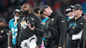 Oct 19, 2025; London, United Kingdom; Jacksonville Jaguars head coach Liam Coen reacts after a play against the Los Angeles Rams during the second half of an NFL International Series game at Wembley Stadium. 