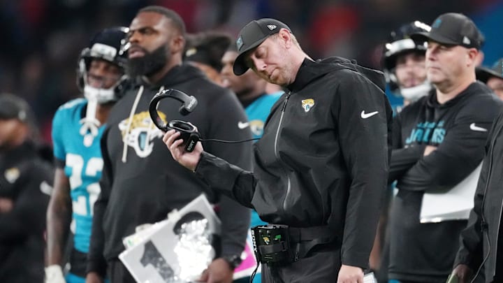 Oct 19, 2025; London, United Kingdom; Jacksonville Jaguars head coach Liam Coen reacts after a play against the Los Angeles Rams during the second half of an NFL International Series game at Wembley Stadium. Mandatory Credit: Kirby Lee-Imagn Images