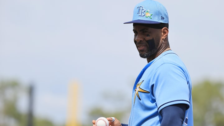 Feb 27, 2026; Port Charlotte, Florida, USA; Tampa Bay Rays first baseman Yandy Diaz (2) looks on against the Toronto Blue Jays at Charlotte Sports Park. Mandatory Credit: Kim Klement Neitzel-Imagn Images