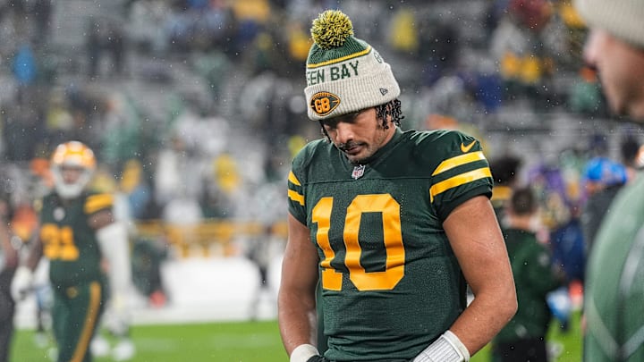 Green Bay Packers quarterback Jordan Love (10) walks off the field after 24-14 loss to Detroit Lions at Lambeau Field.