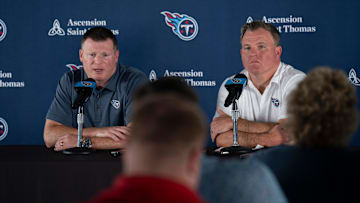 Chad Brinker, president of football operations for the Tennessee Titans, left, and Mike Borgonzi, general manager, field questions from the media at Ascension Saint Thomas Sports Park in Nashville, Tenn., Tuesday, July 22, 2025.