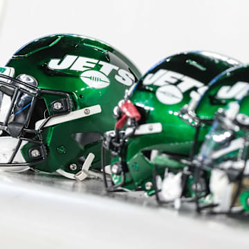 Aug 14, 2021; East Rutherford, New Jersey, USA; New York Jets helmets are seen during the second half of the game between the New York Giants and the Jets at MetLife Stadium. Mandatory Credit: Vincent Carchietta-Imagn Images