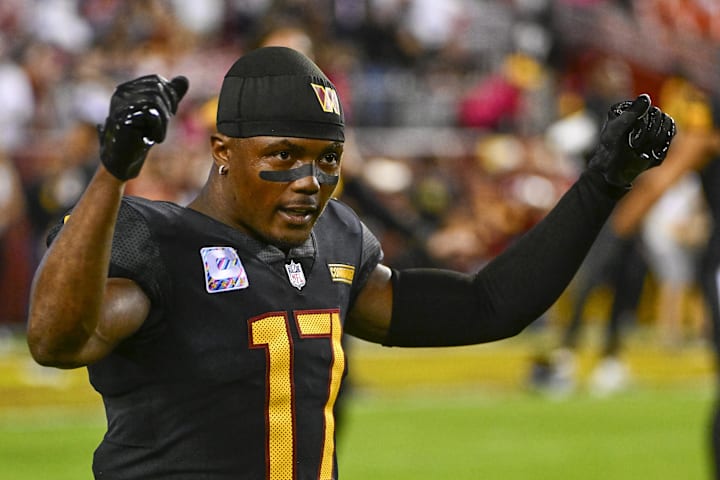 Washington Commanders wide receiver Terry McLaurin on the field before the game against the Chicago Bears at FedExField. 