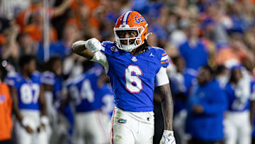 Oct 19, 2024; Gainesville, Florida, USA; Florida Gators wide receiver Elijhah Badger (6) gestures after a catch against the Kentucky Wildcats during the first half at Ben Hill Griffin Stadium. Mandatory Credit: Matt Pendleton-Imagn Images