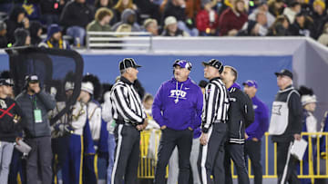 Oct 25, 2025; Morgantown, West Virginia, USA; Texas Christian University Horned Frogs head coach Sonny Dykes talks to officials during the second quarter against the West Virginia Mountaineers at Milan Puskar Stadium. Mandatory Credit: Ben Queen-Imagn Images