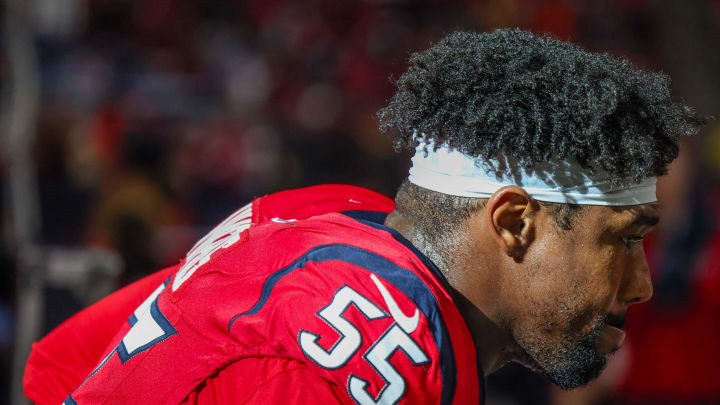 Nov 26, 2023; Houston, Texas, USA;  Houston Texans defensive end Jerry Hughes (55) against the Jacksonville Jaguars at NRG Stadium. Mandatory Credit: Thomas Shea-USA TODAY Sports
