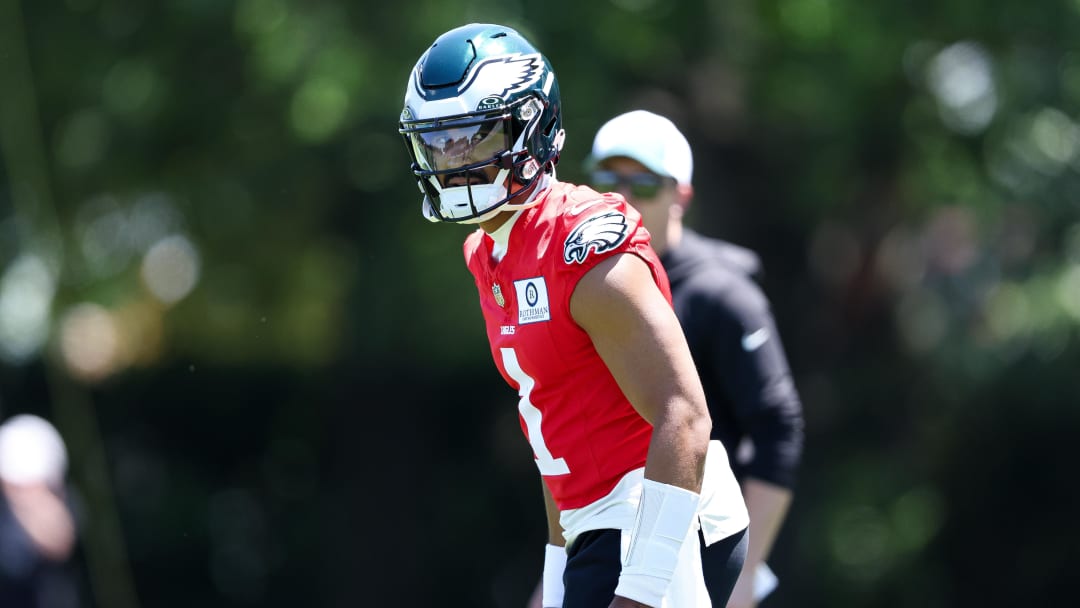 May 30, 2024; Philadelphia, PA, USA; Philadelphia Eagles quarterback Jalen Hurts (1) practices at NovaCare Complex. Mandatory Credit: Bill Streicher-USA TODAY Sports