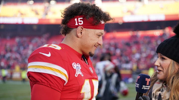 Dec 21, 2024; Kansas City, Missouri, USA; Kansas City Chiefs quarterback Patrick Mahomes (15) speaks to media after the win over the Houston Texans at GEHA Field at Arrowhead Stadium. Mandatory Credit: Denny Medley-Imagn Images