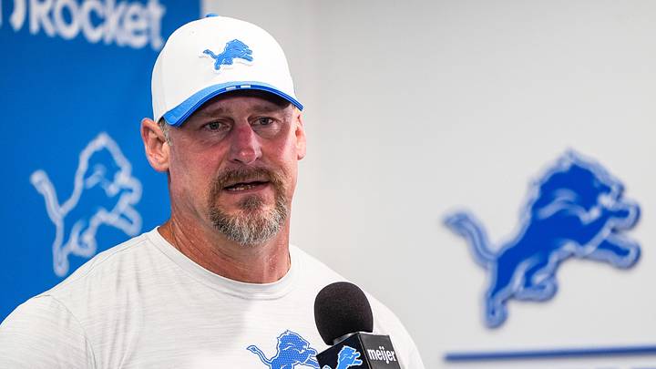 Detroit Lions head coach Dan Campbell speaks at a press conference during training camp at Meijer Performance Center in Allen Park on Sunday, July 20, 2025.