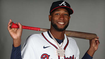 Atlanta Braves outfielder Jurickson Profar (7) takes photos during media day CoolToday Park.
