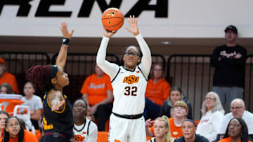 Oklahoma State Cowgirls guard Stailee Heard (32) makes a 3-pointer during a women's college basketball game between the Oklahoma State Cowgirls (OSU) and the Arizona State Sun Devils at Gallagher-Iba Arena in Stillwater, Okla., Wednesday, Jan. 29, 2025.