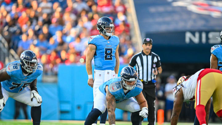 Aug 10, 2024; Nashville, Tennessee, USA;  Tennessee Titans Will Levis (8) looks over the defense against the San Francisco 49ers during the first half at Nissan Stadium. Mandatory Credit: Steve Roberts-USA TODAY Sports