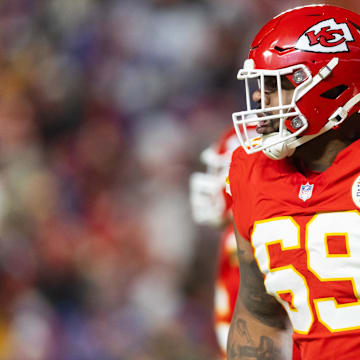 Jan 26, 2025; Kansas City, MO, USA; Kansas City Chiefs defensive tackle Mike Pennel Jr. (69) against the Buffalo Bills in the AFC Championship game at GEHA Field at Arrowhead Stadium. Mandatory Credit: Mark J. Rebilas-Imagn Images