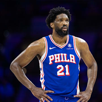 Feb 20, 2025; Philadelphia, Pennsylvania, USA; Philadelphia 76ers center Joel Embiid (21) looks on during the third quarter against the Boston Celtics at Wells Fargo Center. Mandatory Credit: Bill Streicher-Imagn Images