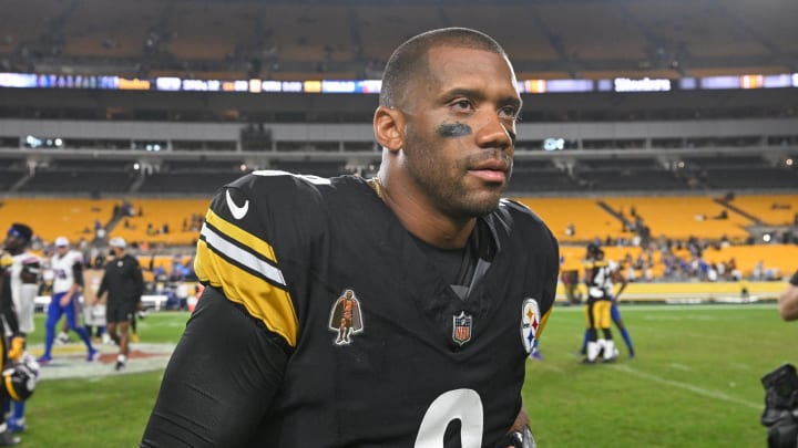 Aug 17, 2024; Pittsburgh, Pennsylvania, USA;  Pittsburgh Steelers quarterback Russell Wilson (3) leaves the field after playing the Buffalo Bills at Acrisure Stadium. Mandatory Credit: Barry Reeger-USA TODAY Sports