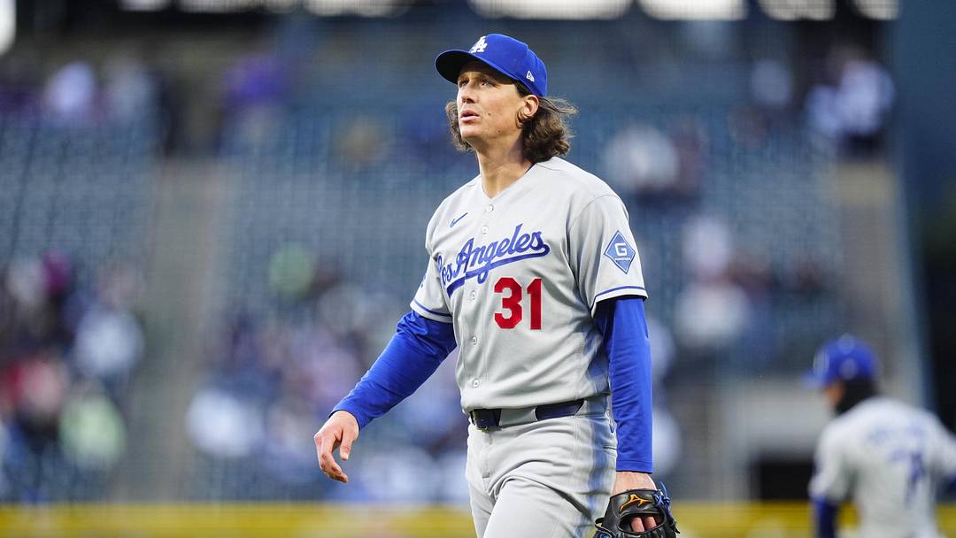 Apr 17, 2026; Denver, Colorado, USA; Los Angeles Dodgers starting pitcher Tyler Glasnow (31) walks off the mound in the first inning against the Colorado Rockies at Coors Field. Mandatory Credit: Ron Chenoy-Imagn Images