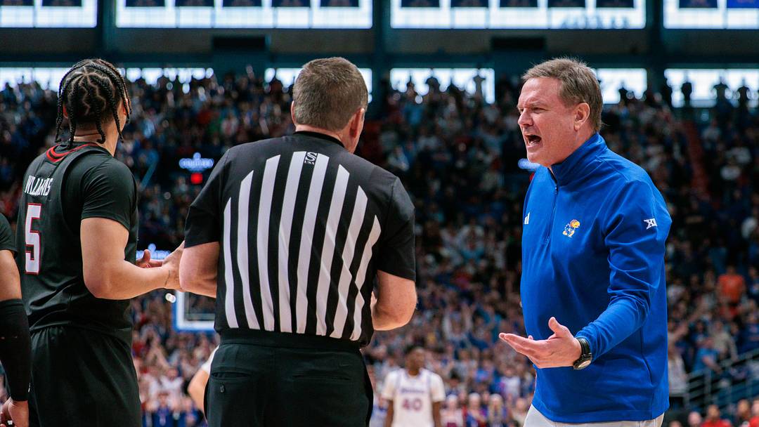 Mar 1, 2025; Lawrence, Kansas, USA; Kansas Jayhawks coach Bill Self reacts after a call during the second half against the Texas Tech Red Raiders at Allen Fieldhouse. Mandatory Credit: William Purnell-Imagn Images