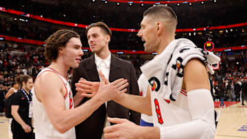 Philadelphia 76ers v Chicago Bulls, Josh Giddey and Nikola Vucevic celebrate a game-winning 3 pointer against the Philadelphia 76ers on Nov. 11, 2025
