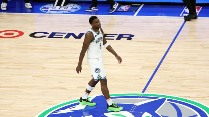 May 22, 2024; Minneapolis, Minnesota, USA; Minnesota Timberwolves guard Anthony Edwards (5) reacts in the second quarter against the Dallas Mavericks during game one of the western conference finals for the 2024 NBA playoffs at Target Center. Mandatory Credit: Jesse Johnson-USA TODAY Sports