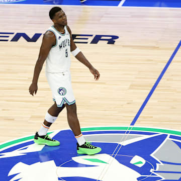 May 22, 2024; Minneapolis, Minnesota, USA; Minnesota Timberwolves guard Anthony Edwards (5) reacts in the second quarter against the Dallas Mavericks during game one of the western conference finals for the 2024 NBA playoffs at Target Center. Mandatory Credit: Jesse Johnson-Imagn Images