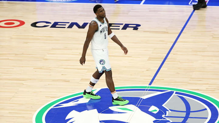 May 22, 2024; Minneapolis, Minnesota, USA; Minnesota Timberwolves guard Anthony Edwards (5) reacts in the second quarter against the Dallas Mavericks during game one of the western conference finals for the 2024 NBA playoffs at Target Center. Mandatory Credit: Jesse Johnson-Imagn Images